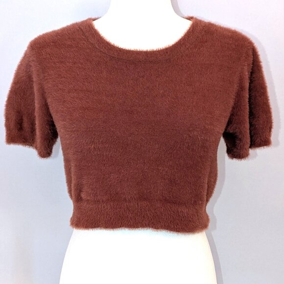 Altar’d State | Fuzzy Crop Top Short Sleeve Sweater in Brown | Size	Small - Picture 1 of 10